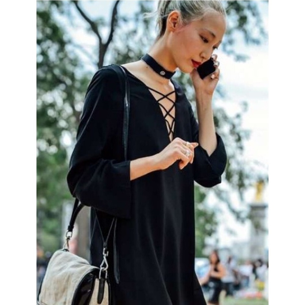 ASTR the Label Lace-Up Bell Sleeve Mini Dress Black Medium Witchy‎ Whimsigoth